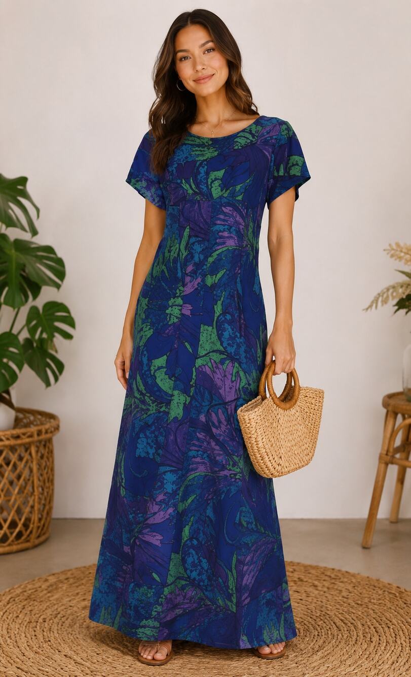 Vintage Sun Fashions Hawaii Purple Tropical Maxi Dress Women's L